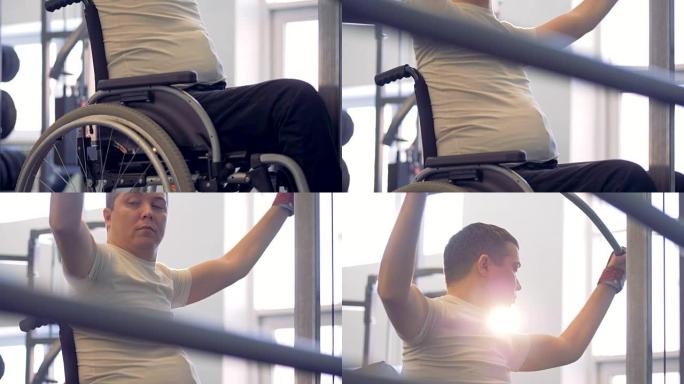 坐在轮椅上准备在体育馆训练的残疾运动员。