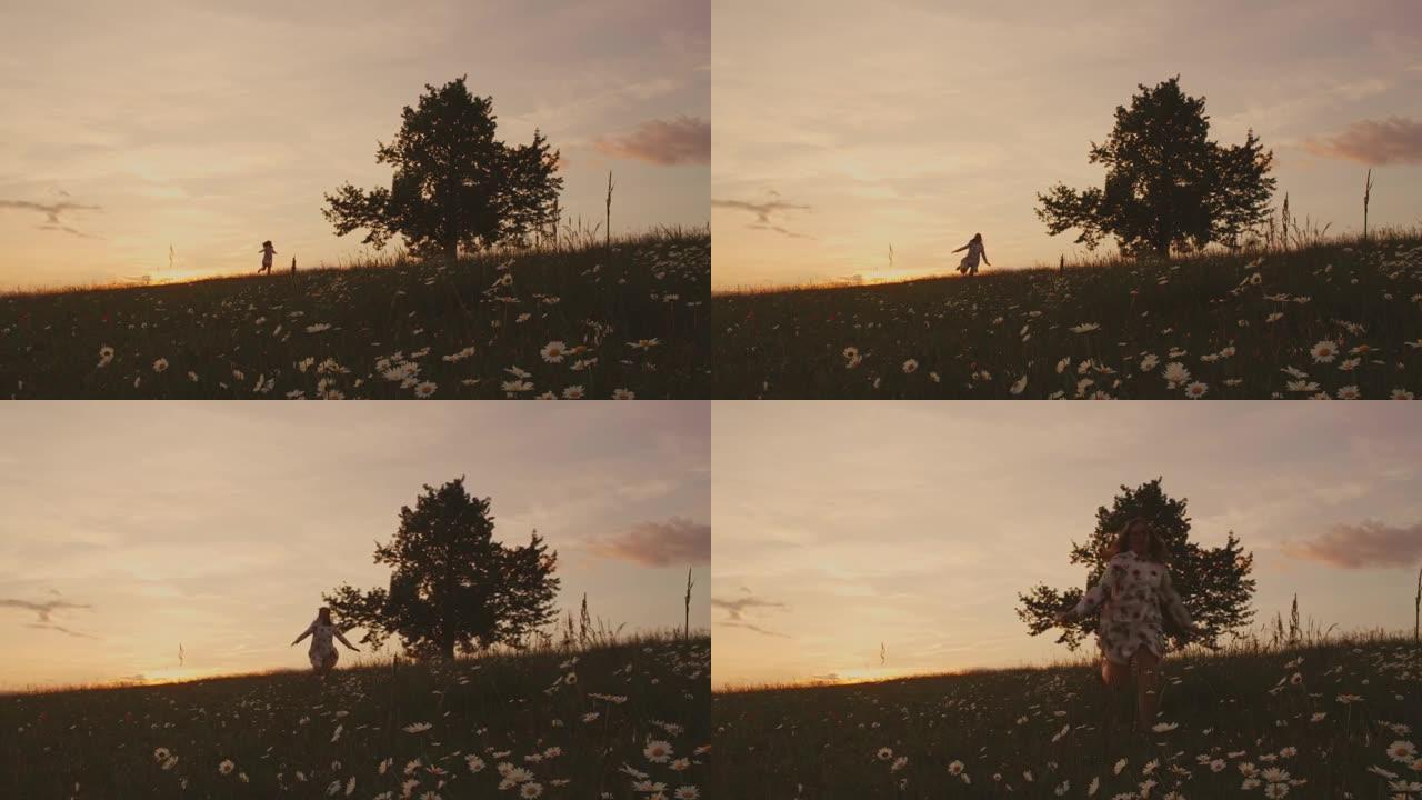 穿着裙子的女孩在田园诗般的日落草地上奔跑，树木和野花，实时
