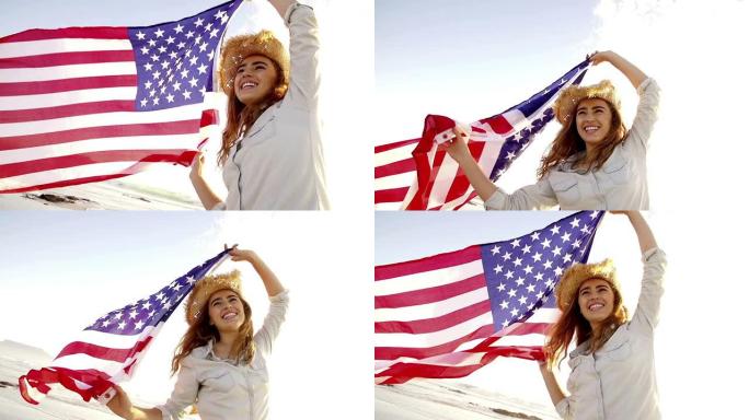 举着星条旗慢动作的骄傲美国女孩