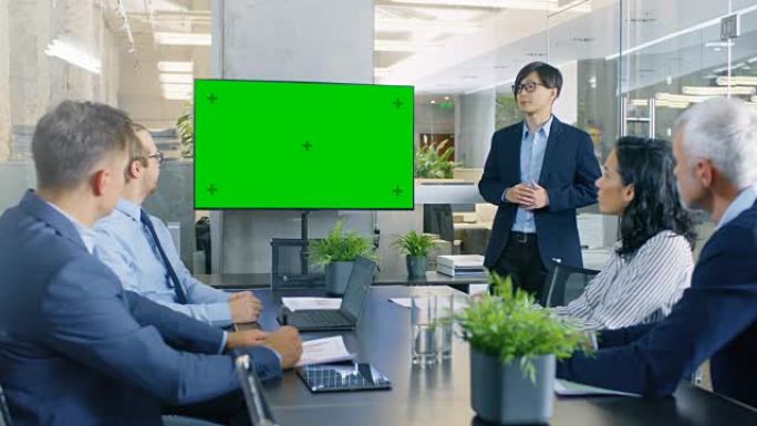 亚洲商人向他的业务同事提供报告/演示，指向绿色色度键屏幕墙电视。