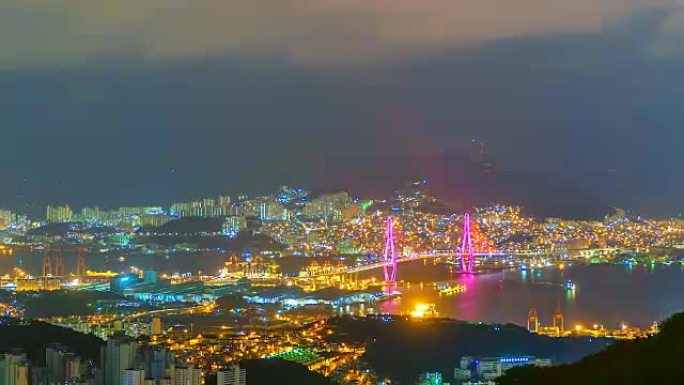 4K，带韩国桥梁的釜山夜间延时视图