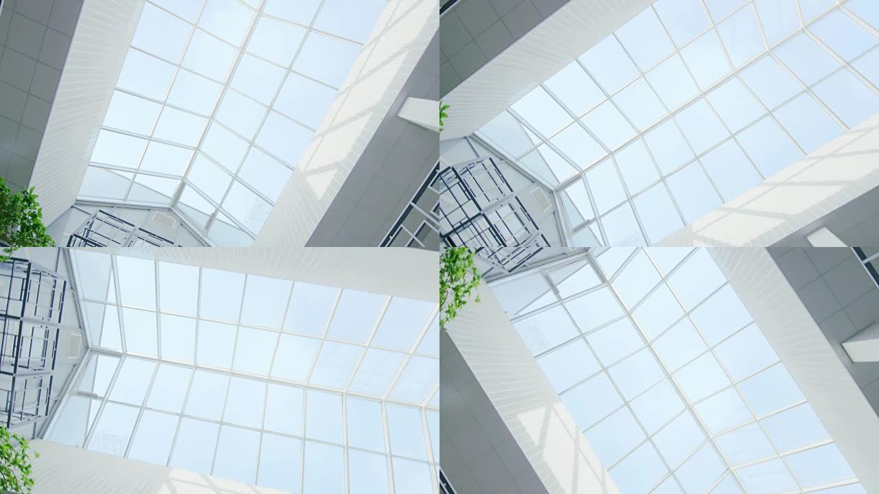 医院/大楼/商场/超市玻璃天花板的低角度旋转镜头。白色的大建筑，阳光从窗户出来。