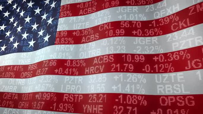 美国国旗上方的股票市场行情