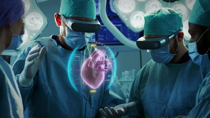 外科医生使用增强现实技术进行心脏手术。使用3D动画和手势进行困难的心脏移植手术。互动动画显示生命体征