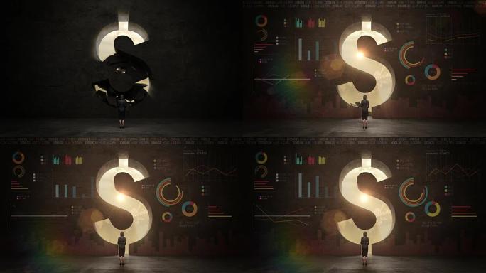 女商人站在黑墙前，形状为美元符号。美元货币。用经济图表