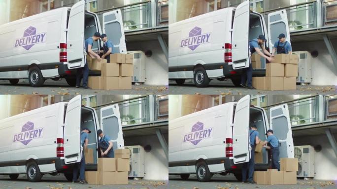 在一个现代化的城市中，两个微笑的搬运工正在用纸板箱装载货车。
