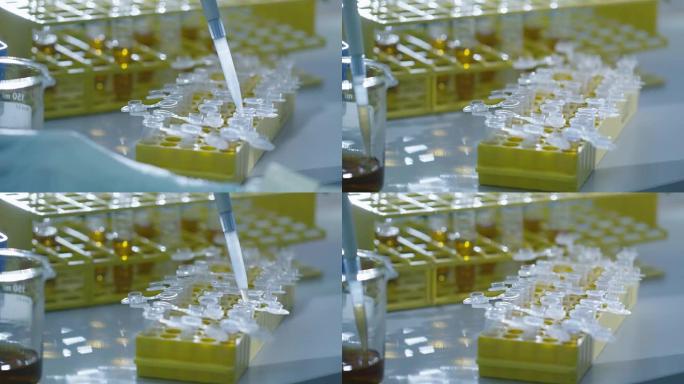 科学家在实验室用微型吸管向试管中添加液体的特写镜头。