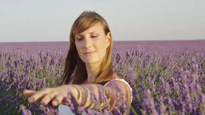 慢镜头近景:一个沉思的年轻女子在美丽无边的薰衣草地里摆弄着紫罗兰