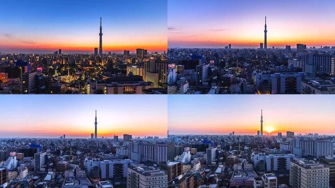 4 k。时间流逝日出在早晨美丽的东京城市景观与东京塔在日本