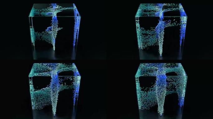 粒子在玻璃立方体内部旋转。