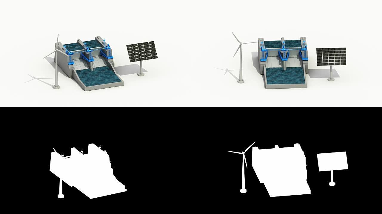 风力涡轮机，太阳能电池板发电机，水力大坝。侧视图。