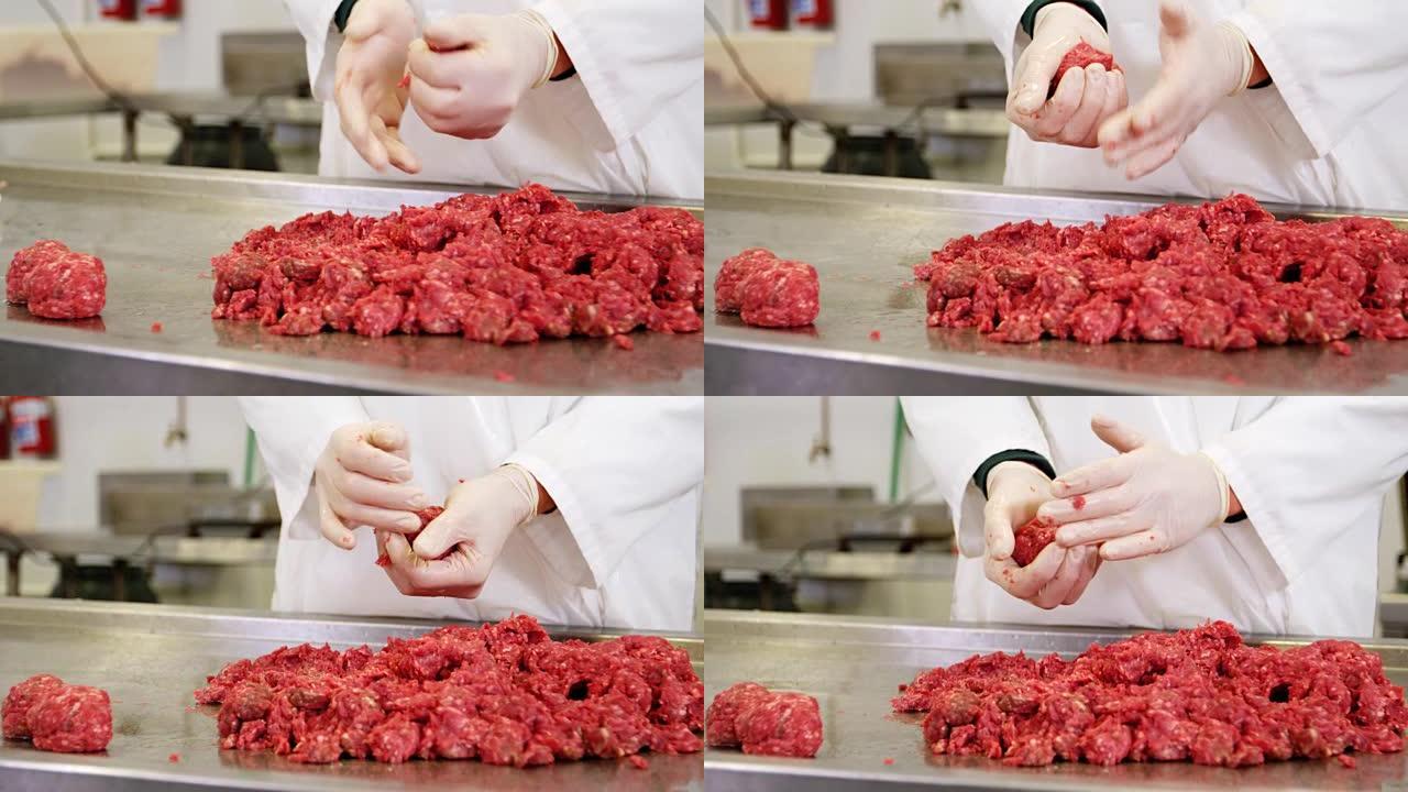 肉店中段用碎肉制备肉丸