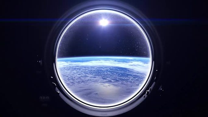 太空。穿过舷窗的地球。宇宙飞船窗户里的太阳。国际空间站正在绕地球运行。向右移动。4K. NASA。