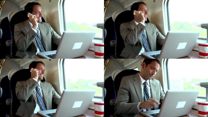 商人通勤使用手机在火车上上班