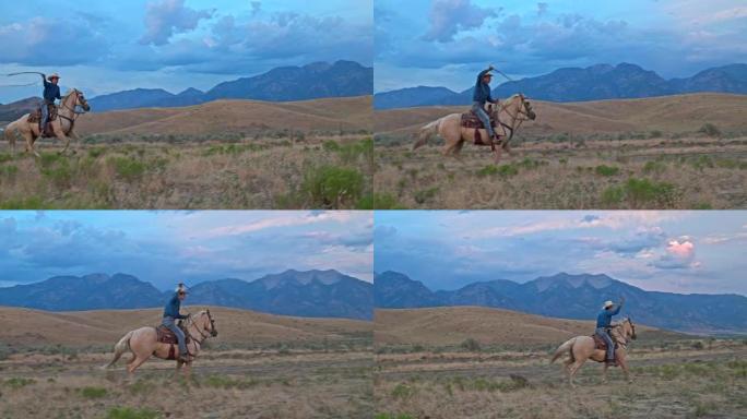 牛仔骑着马的实时视频，套索在靶场上