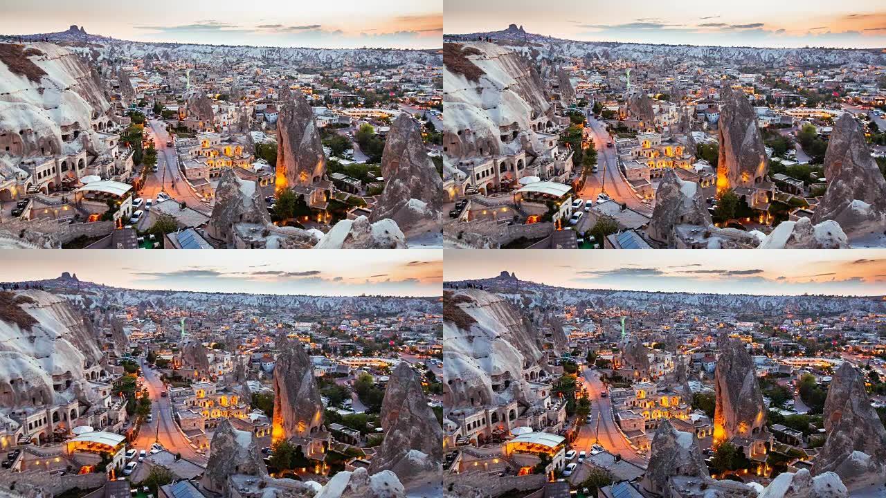 土耳其日落时卡帕多西亚Goreme村的延时视图