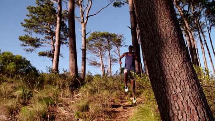 非裔美国选手在森林中奔跑和跳跃