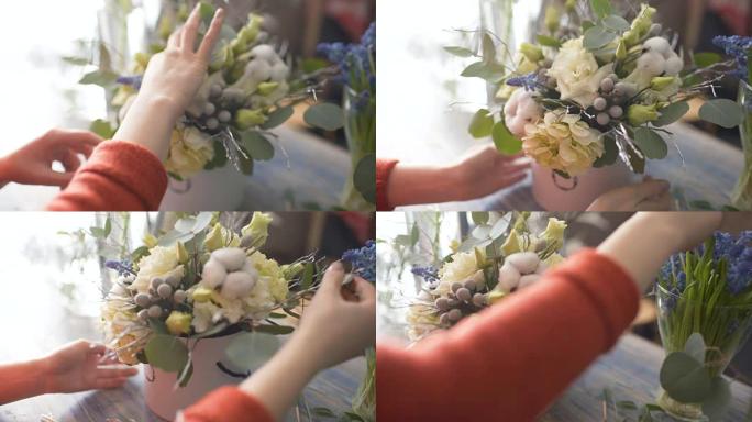 花店女孩双手特写制作花卉作品