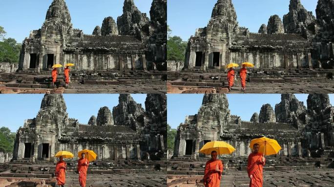 柬埔寨僧侣行走在巴杨吴哥城