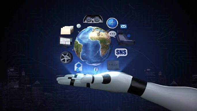 机器人，机器人臂，信息娱乐系统，网络。汽车连接互联网，社交媒体服务。全球网络未来汽车技术。
