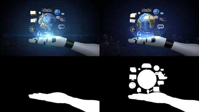 机器人，机器人臂，信息娱乐系统，网络。汽车连接互联网，社交媒体服务。全球网络未来汽车技术。