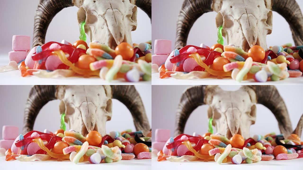 动物头骨和白色背景下的各种糖果4k
