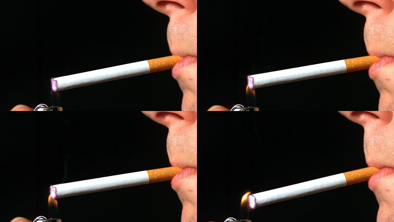 男子照明香烟侧面轮廓