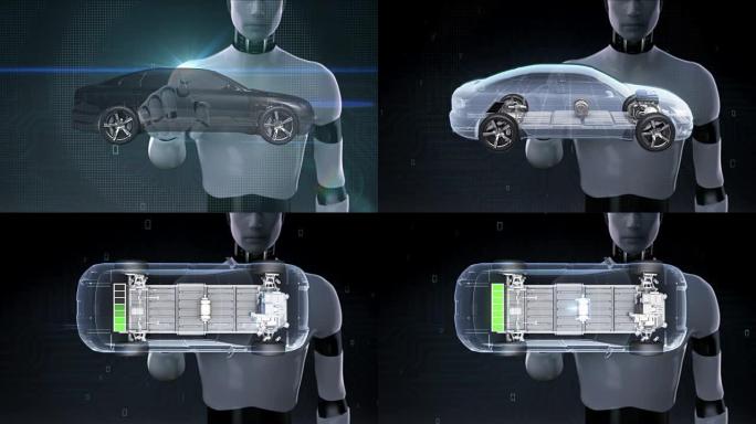 机器人，机器人触摸电子，离子电池回声车。给汽车电池充电。电池电量检查，未来的汽车。顶部视图2。