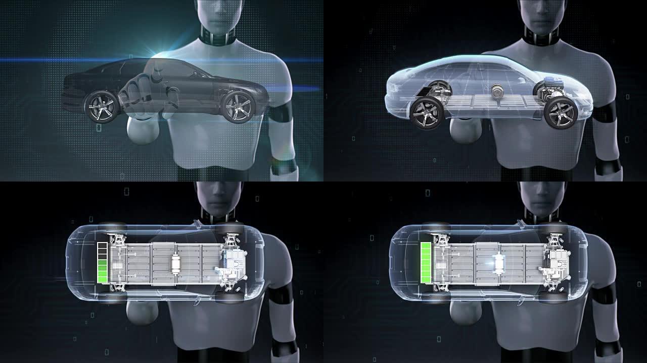 机器人，机器人触摸电子，离子电池回声车。给汽车电池充电。电池电量检查，未来的汽车。顶部视图2。