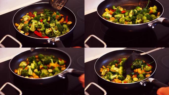 在锅里翻炒的混合蔬菜