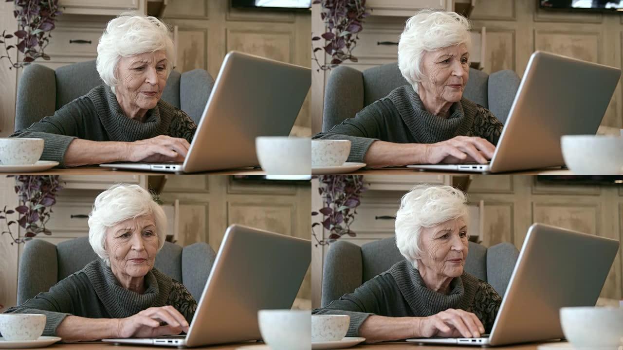高级女性在餐厅的笔记本电脑上打字