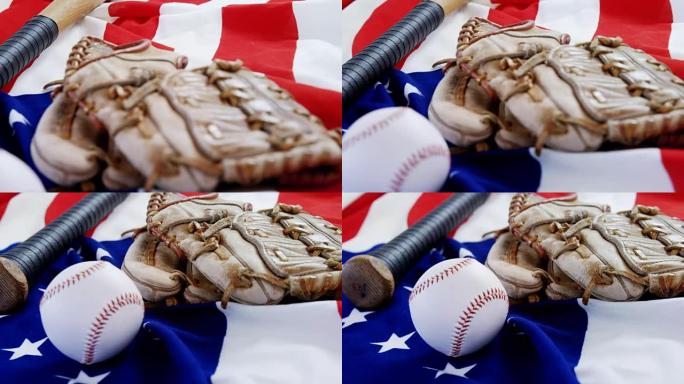 美国国旗上的棒球、棒球棒和棒球手套