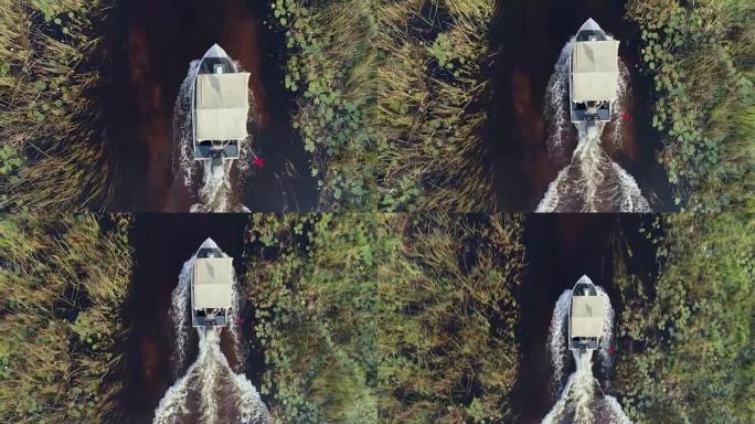 顺着一艘旅游船沿着奥卡万戈三角洲的众多水道之一直下空中特写