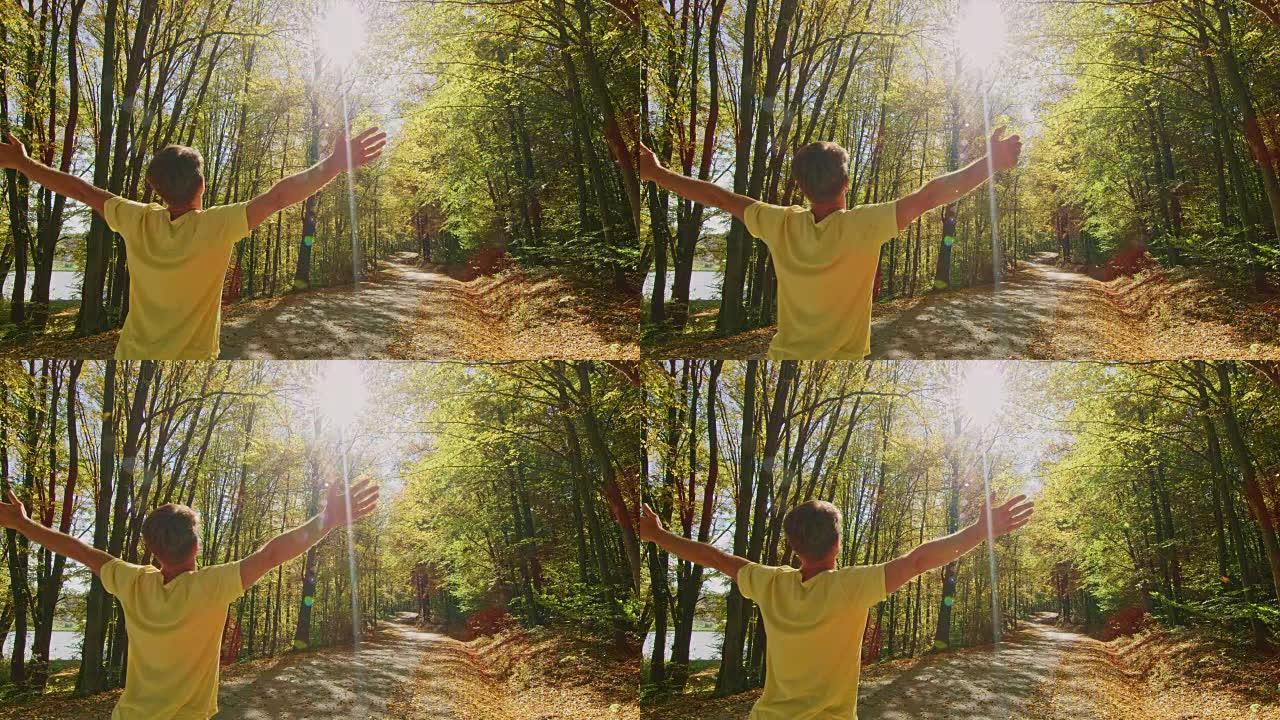 旺盛的男子站在树林中阳光明媚，宁静的秋天路上，双臂伸出