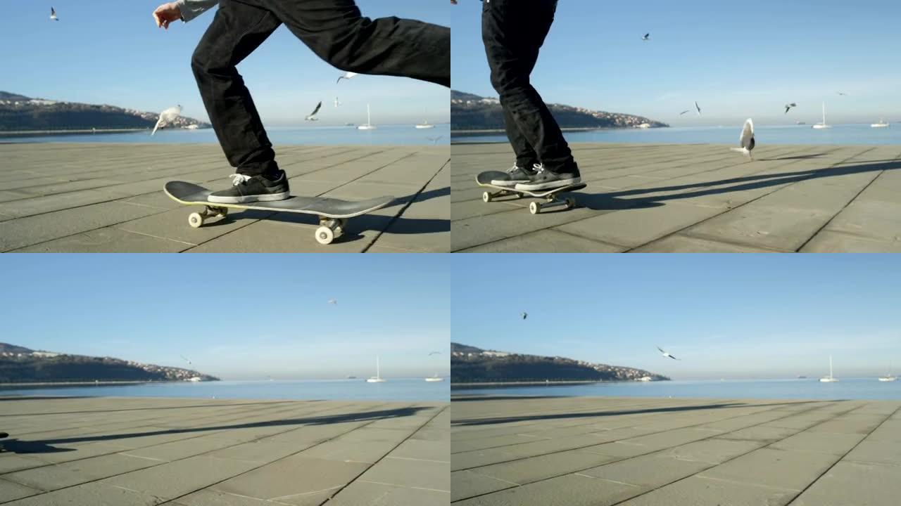 慢动作: 溜冰者跳上溜冰鞋，开始沿着岸边滑板