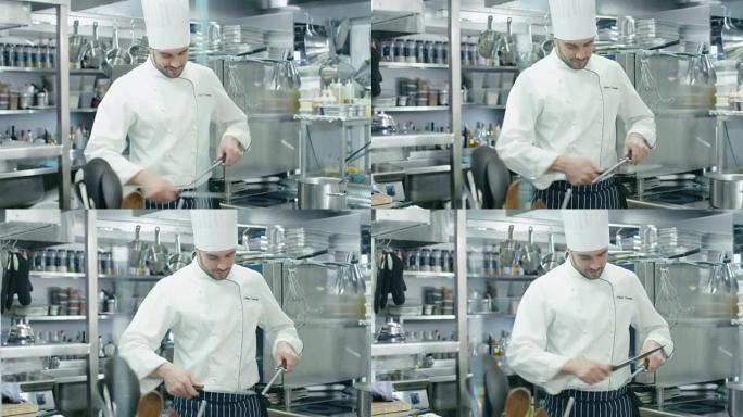 餐厅或酒店的商业厨房中的专业厨师正在磨刀。