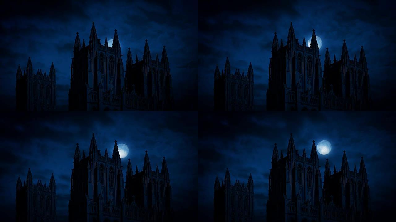 月亮在哥特式大教堂后面移动