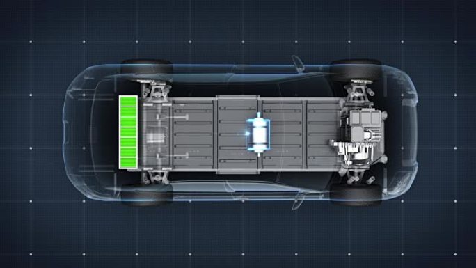 电子、离子电池回声车。给汽车电池充电。电池电量检查，未来的汽车。顶视图。