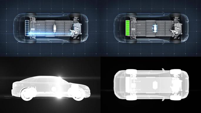 电子、离子电池回声车。给汽车电池充电。电池电量检查，未来的汽车。顶视图。