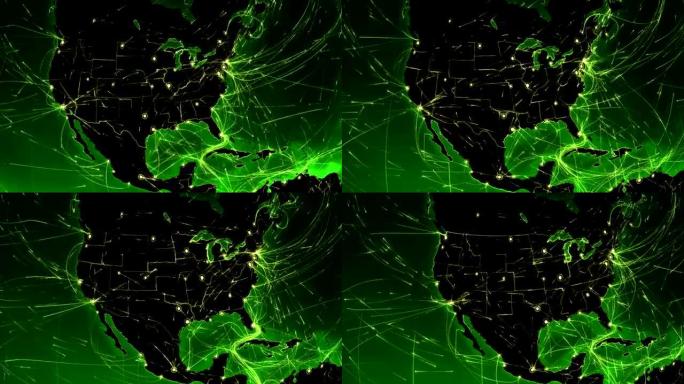 世界联系。美国。空中、海上、地面路线和国家边界。