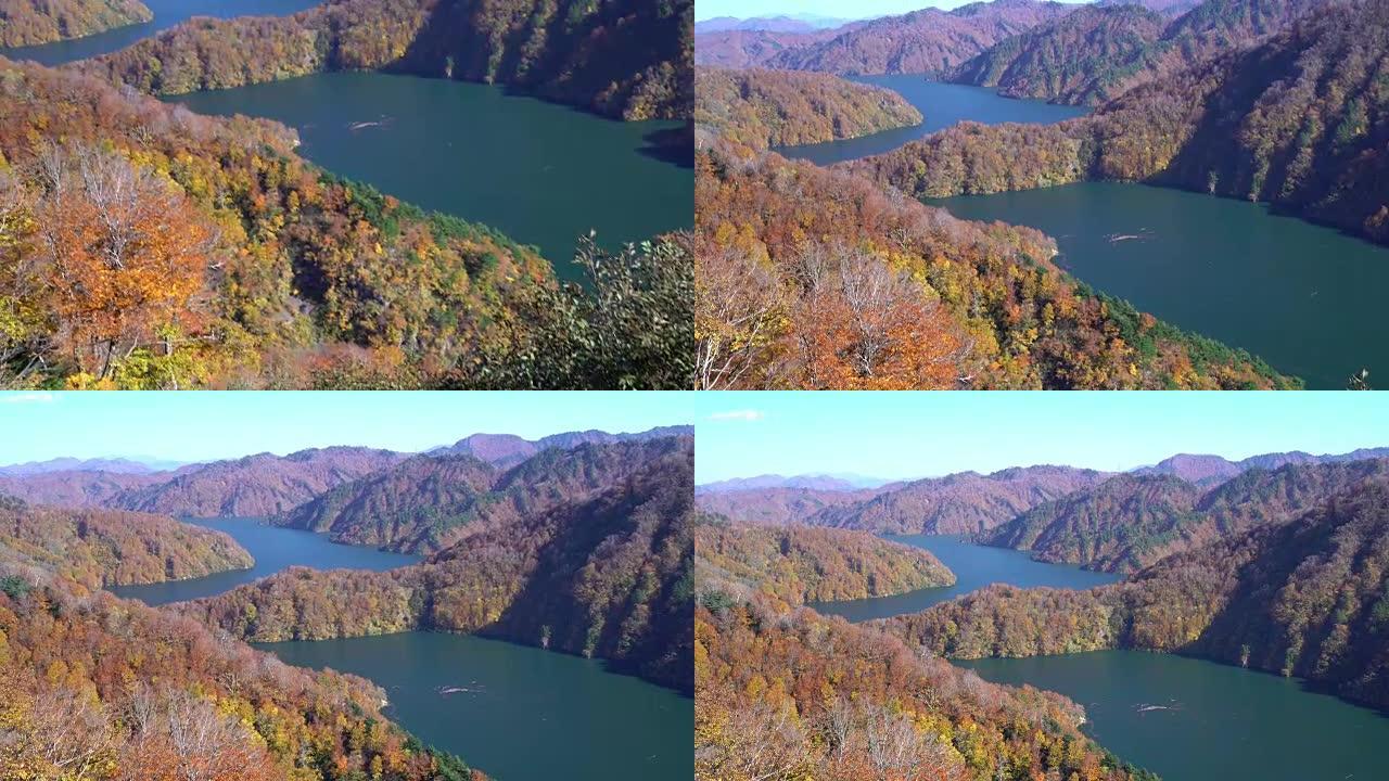 电影倾斜: 日本福岛忠达美市高野红叶森林塔冈大坝上方的湖泊视点