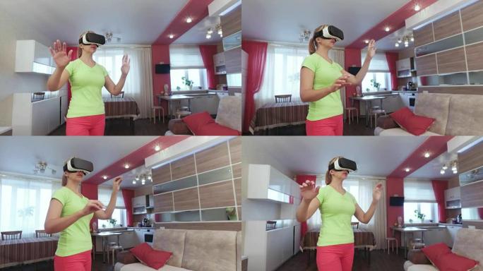 现代室内虚拟现实的年轻美女第一次体验