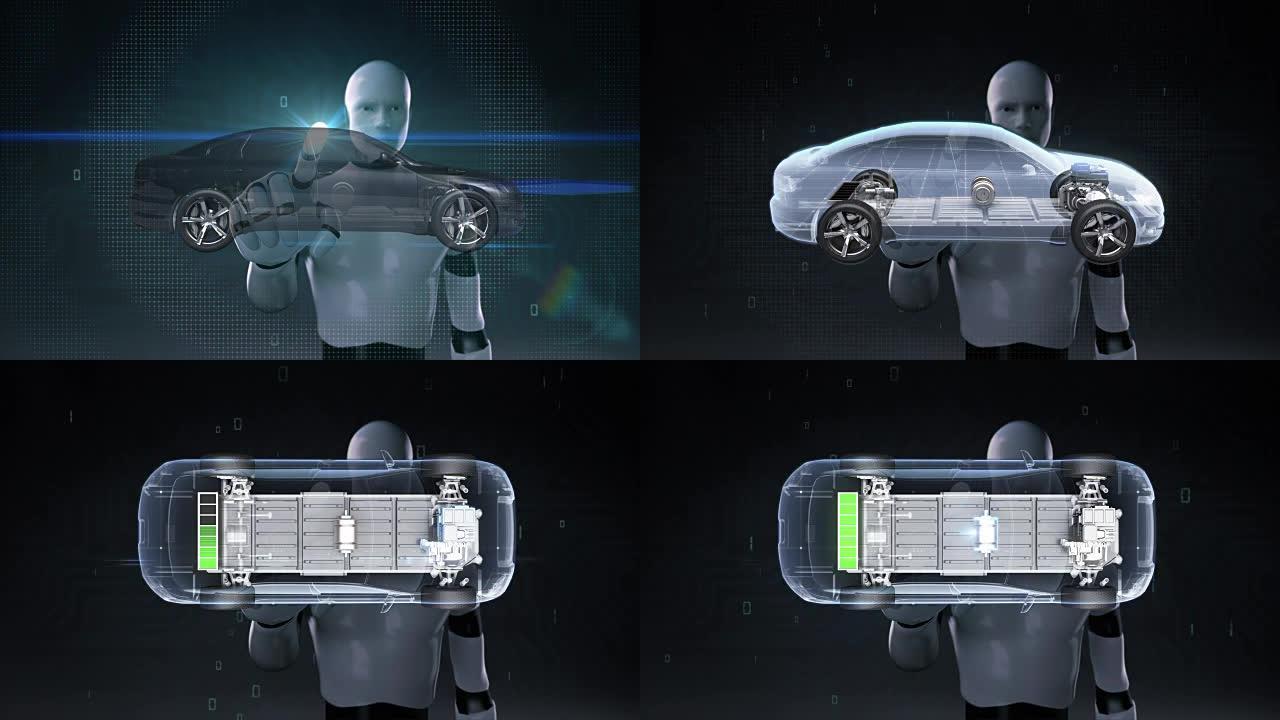 机器人，机器人触摸电子，离子电池回声车。给汽车电池充电。电池电量检查，未来的汽车。顶部视图1。