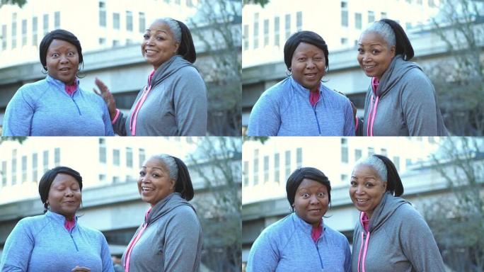 两名成熟的非裔美国女性对着镜头说话