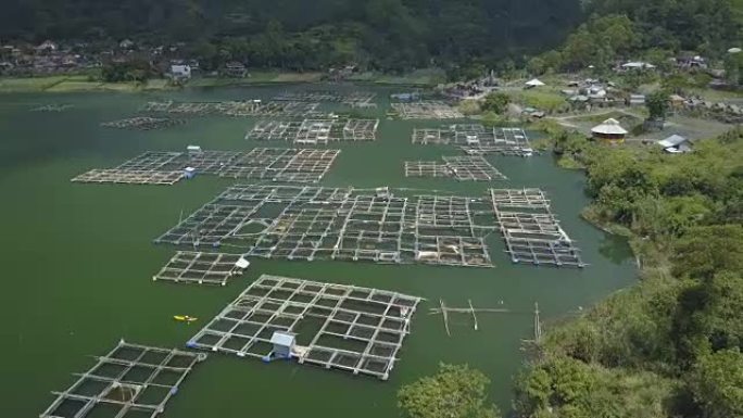 空中: 在巴图尔湖上淹没的方形钓鱼竹笼中举起双鱼座