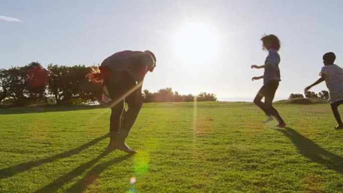 年轻的黑人家庭在夏天在田野里玩耍
