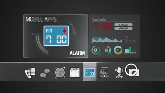 移动应用程序内容的报警图标。智能设备的各种应用程序功能。数字显示应用程序。
