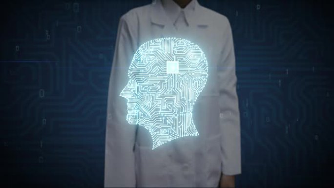 女医生触摸数字屏幕，大脑头部形状连接数字线，扩展人工智能