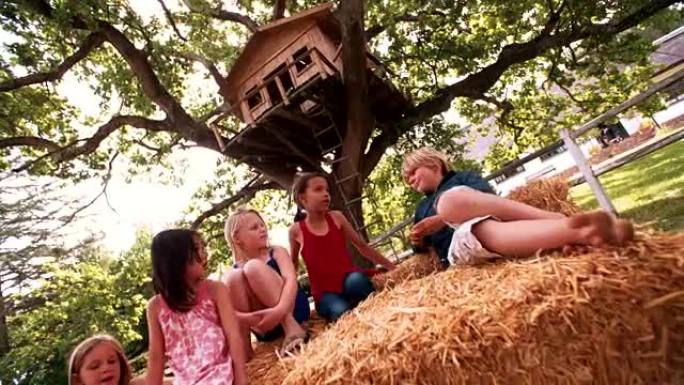 孩子们躺在木树屋下的干草捆上