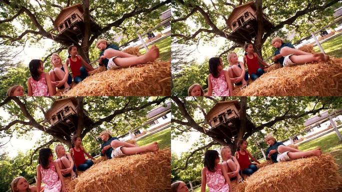 孩子们躺在木树屋下的干草捆上